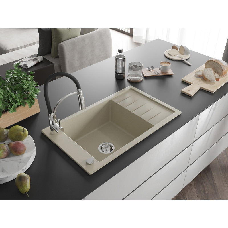 Mexen Elias 1-bowl granite sink with drainer and kitchen faucet Aster, beige - 6511-69-73450-07
