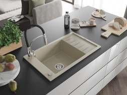 Mexen Elias 1-bowl granite sink with drainer and kitchen faucet Aster, beige - 6511-69-73450-07