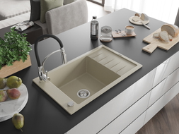 Mexen Elias 1-bowl granite sink with drainer and kitchen faucet Aster, beige - 6511-69-73450-07