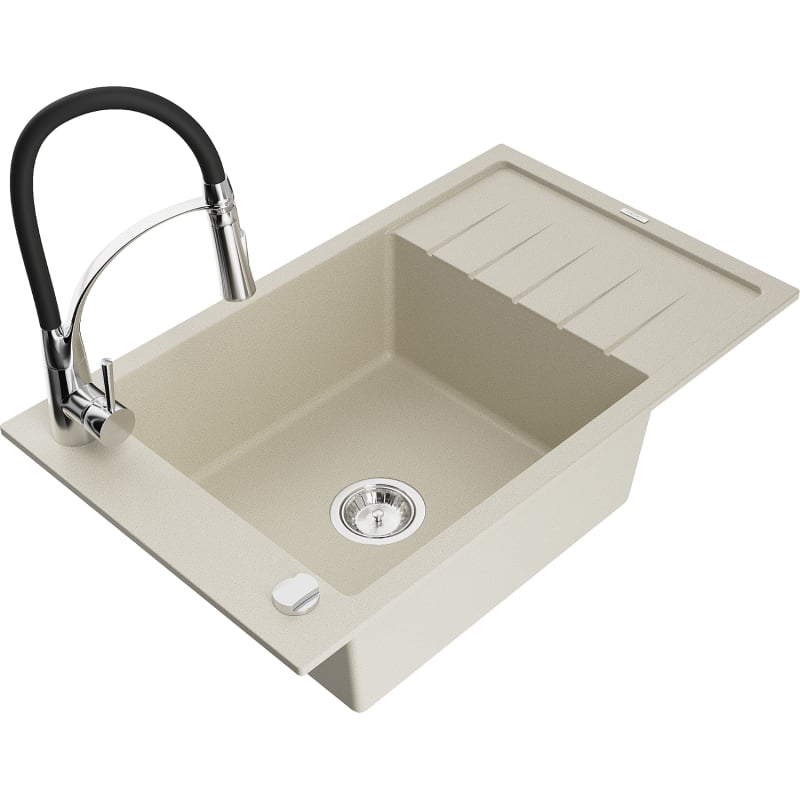 Mexen Elias 1-Bowl Granite Kitchen Sink with Drainer and Aster Kitchen Faucet, Beige - 6511-69-73450-07