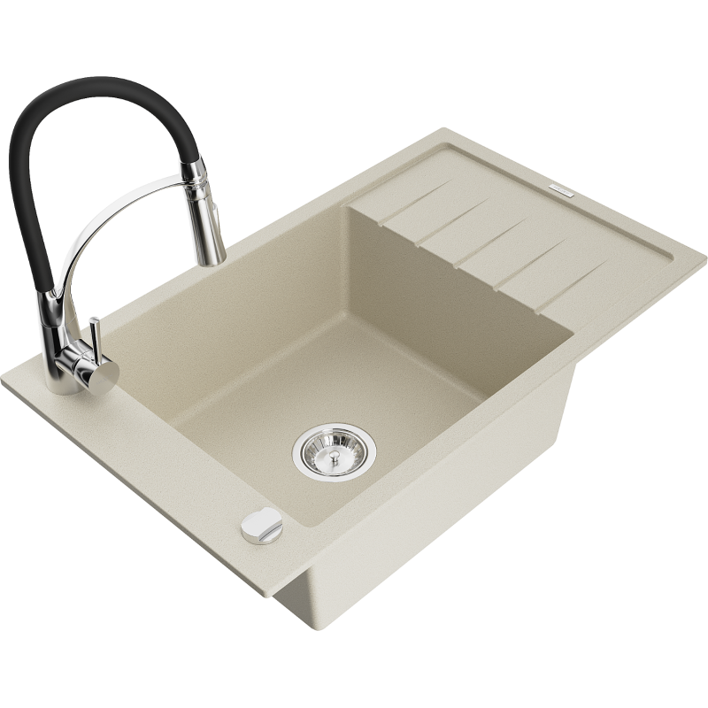 Mexen Elias granite sink 1-bowl with drainer and Aster kitchen tap, beige - 6511-69-73450-07