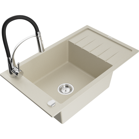 Mexen Elias 1-compartment granite sink with a drip tray and kitchen mixer tap Aster, Beige - 6511-69-73450-07
