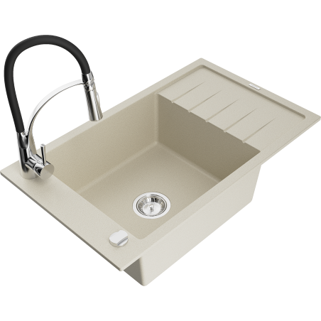 Mexen Elias granite sink 1-bowl with drainer and Aster kitchen tap, beige - 6511-69-73450-07
