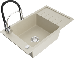 Mexen Elias 1-compartment granite sink with a drip tray and kitchen mixer tap Aster, Beige - 6511-69-73450-07