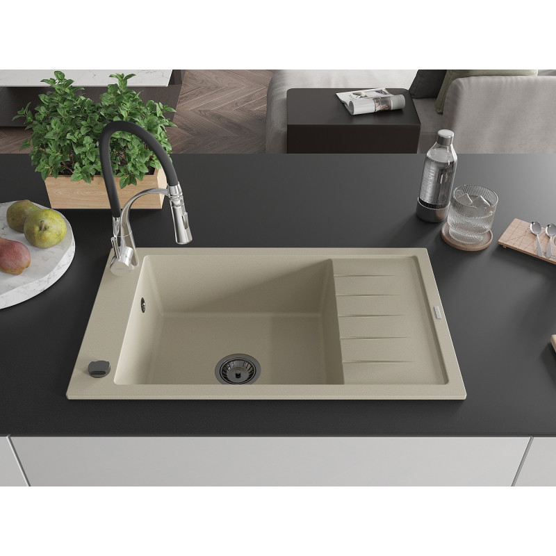 Mexen Elias 1-bowl granite sink with drainer and Aster kitchen faucet, beige - 6511-69-73450-07-B