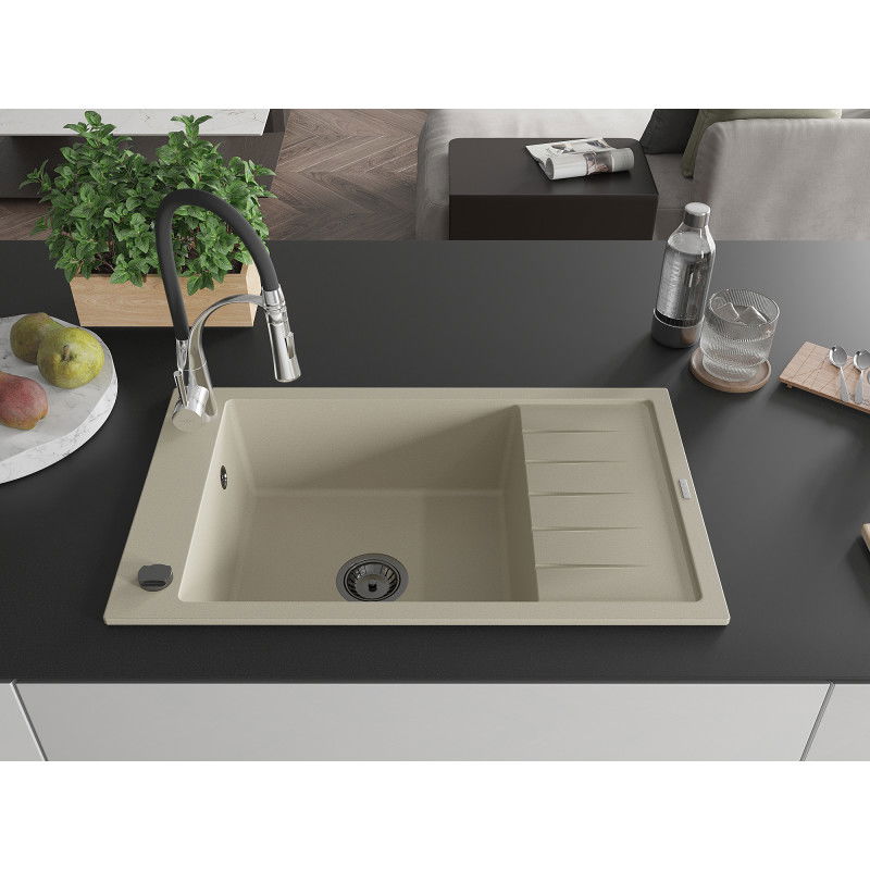 Mexen Elias granite sink with one bowl, drainer, and Aster kitchen tap, beige - 6511-69-73450-07-B