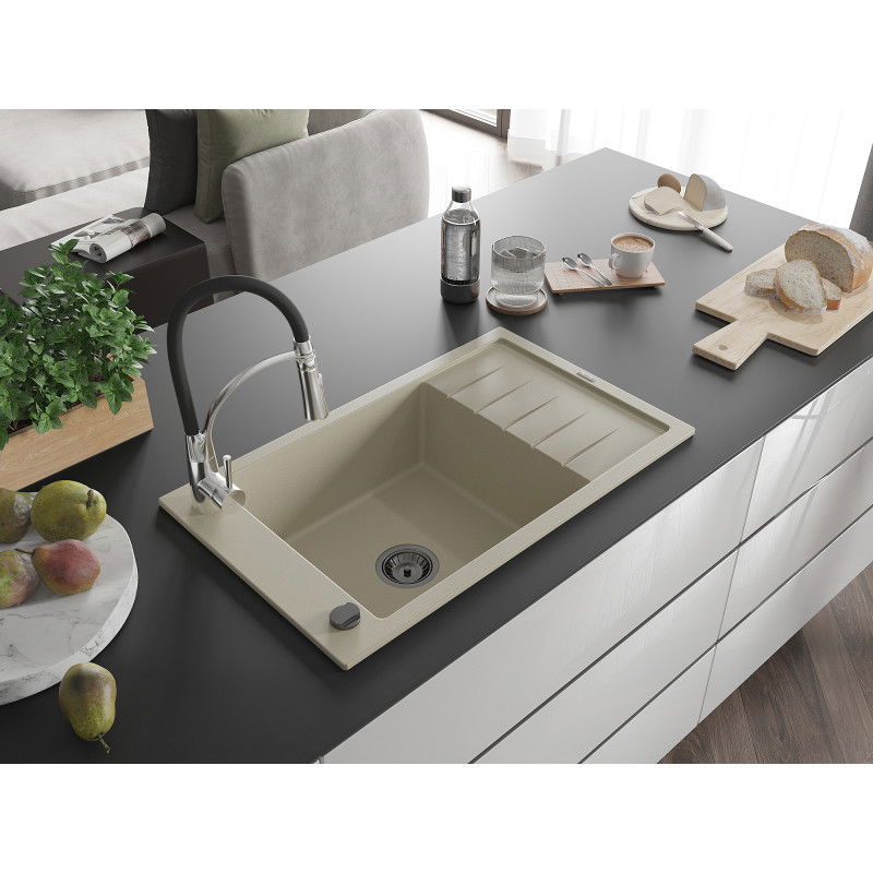 Mexen Elias granite sink with one bowl, drainer, and Aster kitchen tap, beige - 6511-69-73450-07-B