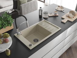Mexen Elias granite sink with one bowl, drainer, and Aster kitchen tap, beige - 6511-69-73450-07-B