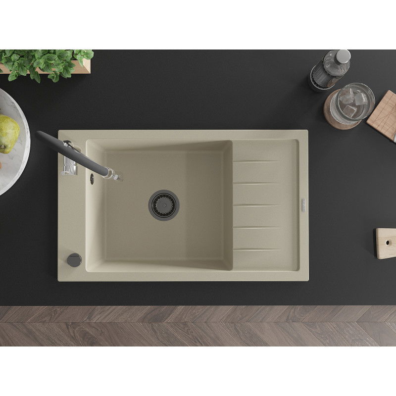 Mexen Elias granite sink with one bowl, drainer, and Aster kitchen tap, beige - 6511-69-73450-07-B