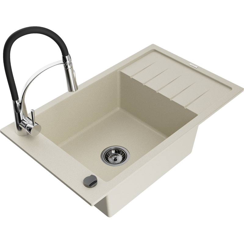 Mexen Elias granite sink with one bowl, drainer, and Aster kitchen tap, beige - 6511-69-73450-07-B