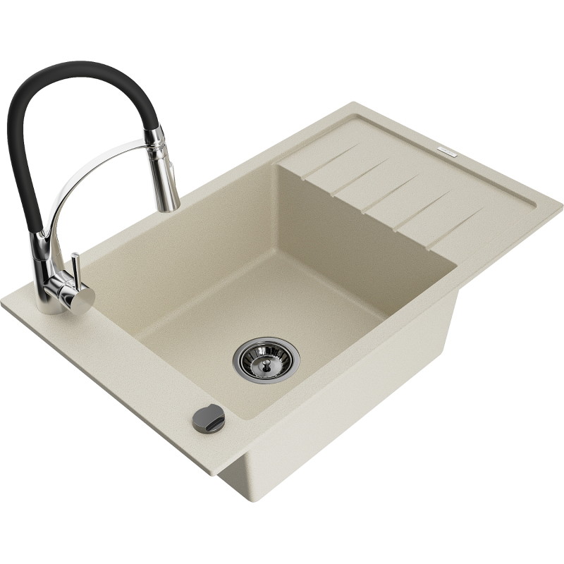 Mexen Elias single-bowl granite sink with drainer and Aster kitchen faucet, beige - 6511-69-73450-07-B