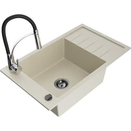 Mexen Elias granite sink with one bowl, drainer, and Aster kitchen tap, beige - 6511-69-73450-07-B