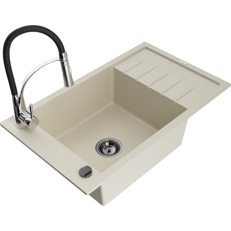 Mexen Elias single-bowl granite sink with drainer and Aster kitchen faucet, beige - 6511-69-73450-07-B