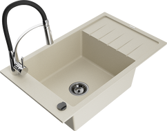 Mexen Elias 1-bowl granite sink with drainer and Aster kitchen faucet, beige - 6511-69-73450-07-B