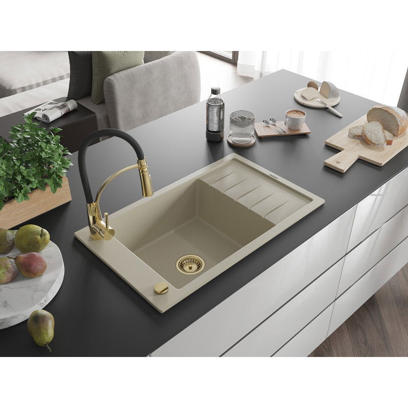 Mexen Elias 1-bowl granite sink with drainer and Aster kitchen tap, beige - 6511-69-73450-57-G