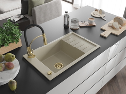 Mexen Elias 1-bowl granite sink with drainer and kitchen faucet Aster, beige - 6511-69-73450-57-G