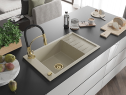 Mexen Elias 1-compartment granite sink with a drip tray and kitchen mixer tap Aster, Beige - 6511-69-73450-57-G