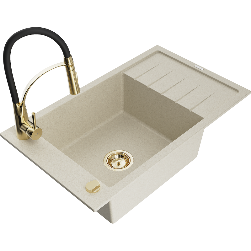 Mexen Elias 1-bowl granite sink with drainer and Aster kitchen tap, beige - 6511-69-73450-57-G