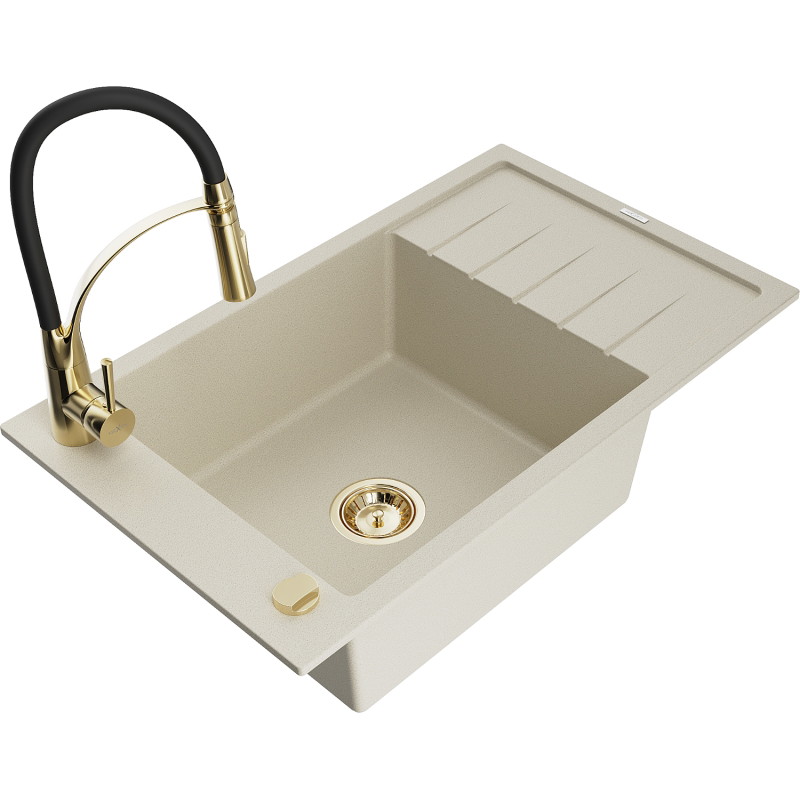 Mexen Elias 1-bowl granite sink with drainer and kitchen faucet Aster, beige - 6511-69-73450-57-G