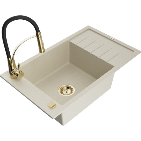 Mexen Elias 1-bowl granite sink with drainer and kitchen faucet Aster, beige - 6511-69-73450-57-G