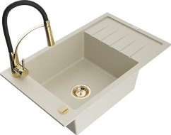 Mexen Elias 1-compartment granite sink with a drip tray and kitchen mixer tap Aster, Beige - 6511-69-73450-57-G