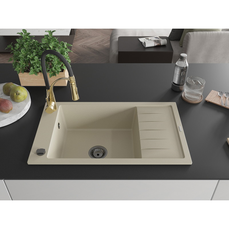 Mexen Elias 1-bowl granite sink with drainer and kitchen faucet Aster, beige - 6511-69-73450-57-B