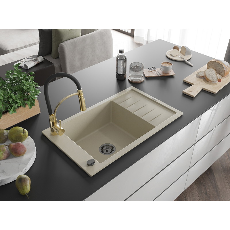 Mexen Elias 1-bowl granite sink with drainer and kitchen faucet Aster, beige - 6511-69-73450-57-B