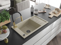 Mexen Elias Granite Kitchen Sink 1-Bowl with Drainer and Kitchen Faucet Aster, Beige - 6511-69-73450-57-B