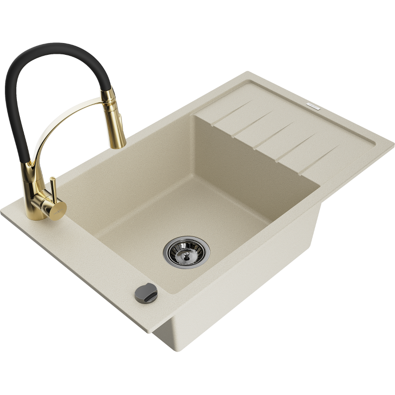 Mexen Elias 1-bowl granite sink with drainer and Aster kitchen tap, beige - 6511-69-73450-57-B