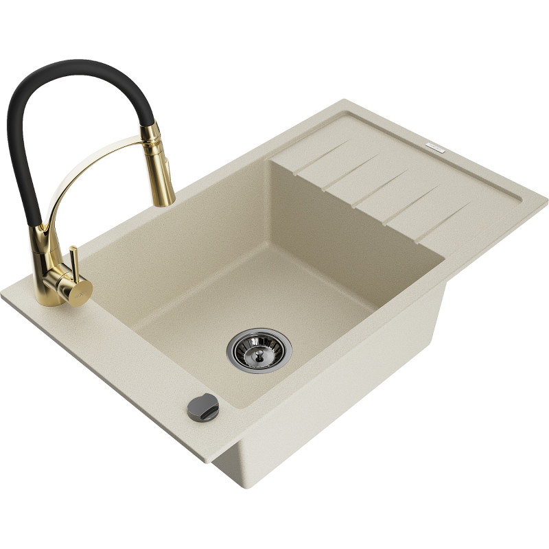 Mexen Elias 1-bowl granite sink with drainer and kitchen faucet Aster, beige - 6511-69-73450-57-B