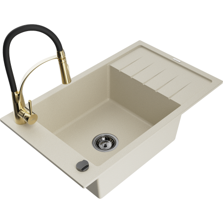 Mexen Elias 1-bowl granite sink with drainer and Aster kitchen tap, beige - 6511-69-73450-57-B