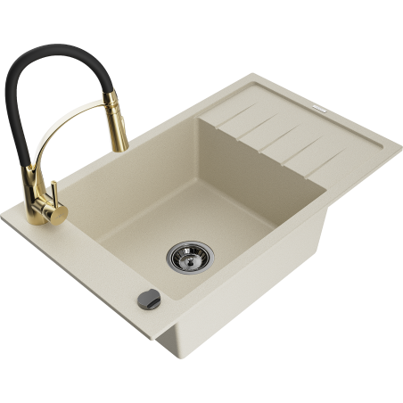 Mexen Elias Granite Kitchen Sink 1-Bowl with Drainer and Kitchen Faucet Aster, Beige - 6511-69-73450-57-B