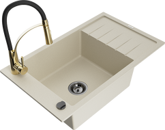 Mexen Elias Granite Kitchen Sink 1-Bowl with Drainer and Kitchen Faucet Aster, Beige - 6511-69-73450-57-B