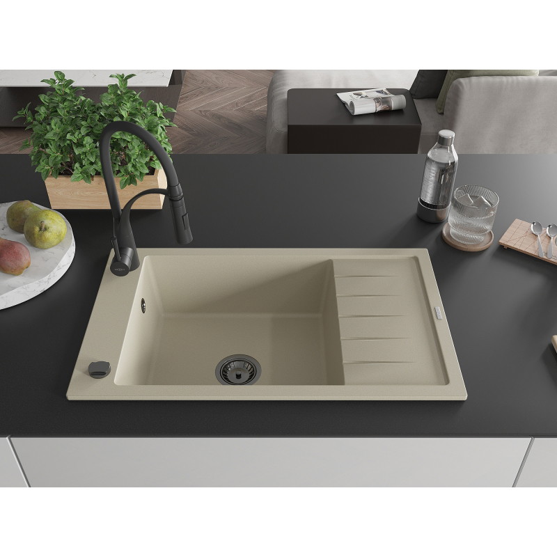 Mexen Elias 1-bowl granite sink with drainer and Aster kitchen faucet, beige - 6511-69-73450-70-B