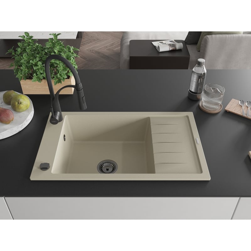 Mexen Elias granite kitchen sink 1-bowl with drainer and kitchen faucet Aster, beige - 6511-69-73450-70-B