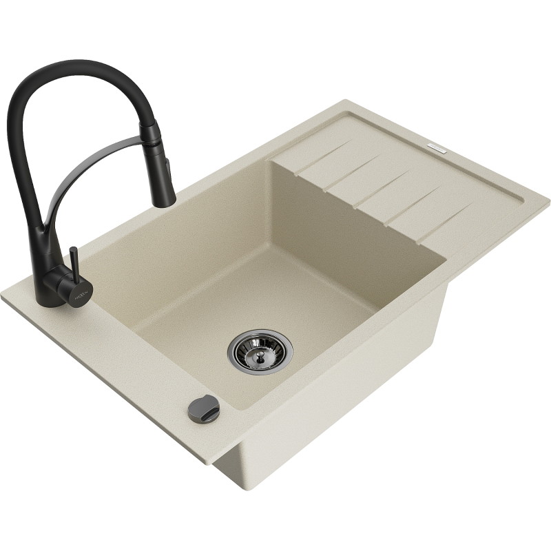 Mexen Elias 1-bowl granite sink with drainer and Aster kitchen faucet, beige - 6511-69-73450-70-B