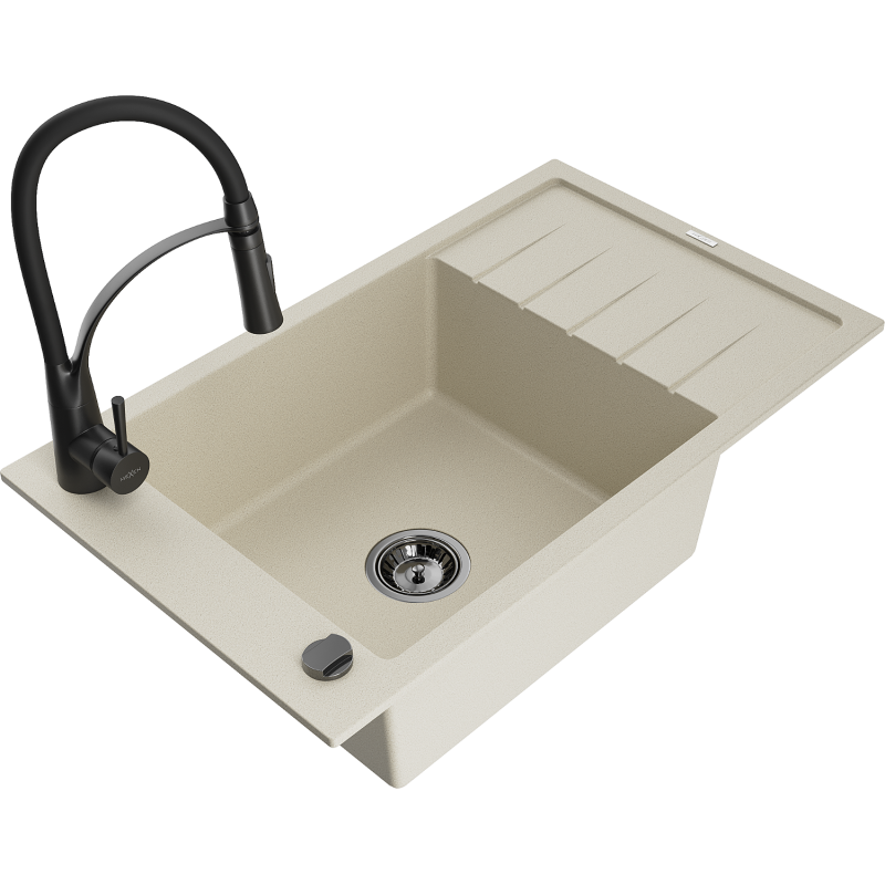 Mexen Elias 1-compartment granite sink with a drip tray and kitchen mixer tap Aster, Beige - 6511-69-73450-70-B
