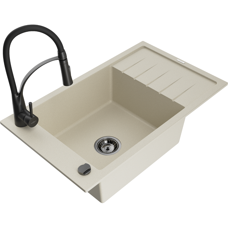 Mexen Elias single bowl granite sink with drainer and Aster kitchen tap, beige - 6511-69-73450-70-B