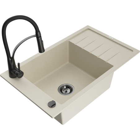Mexen Elias 1-bowl granite sink with drainer and Aster kitchen faucet, beige - 6511-69-73450-70-B