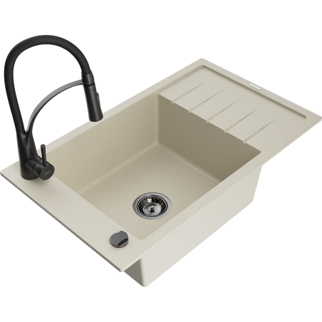 Mexen Elias granite kitchen sink 1-bowl with drainer and kitchen faucet Aster, beige - 6511-69-73450-70-B