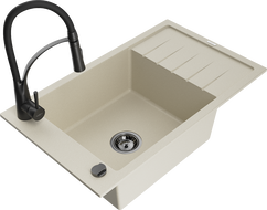 Mexen Elias single bowl granite sink with drainer and Aster kitchen tap, beige - 6511-69-73450-70-B