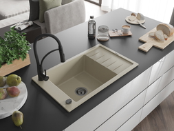 Mexen Elias 1-bowl granite sink with drainer and Aster kitchen faucet, beige - 6511-69-73450-70-B