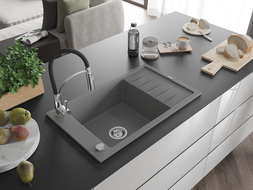 Mexen Elias 1-bowl granite sink with drainer and Aster kitchen tap, grey - 6511-71-73450-07