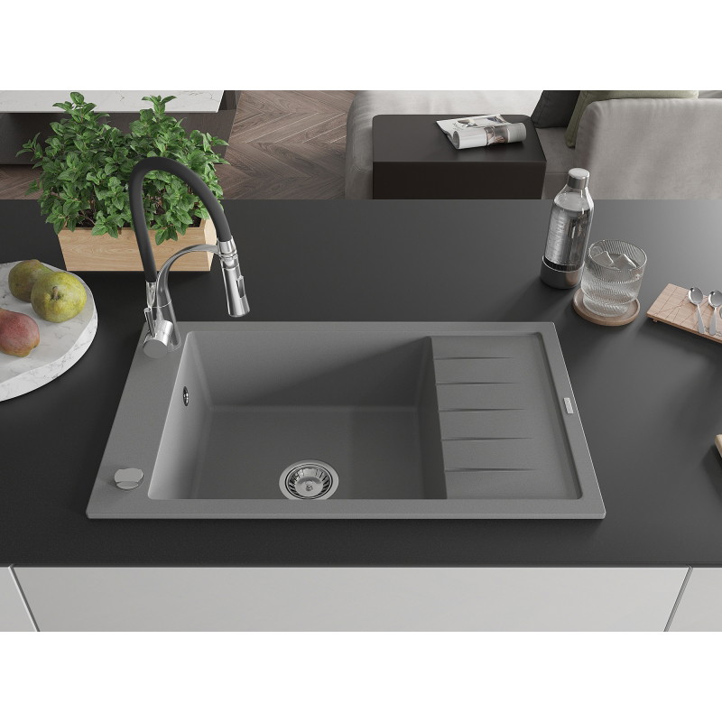 Mexen Elias 1-bowl granite sink with drainer and Aster kitchen faucet, gray - 6511-71-73450-07