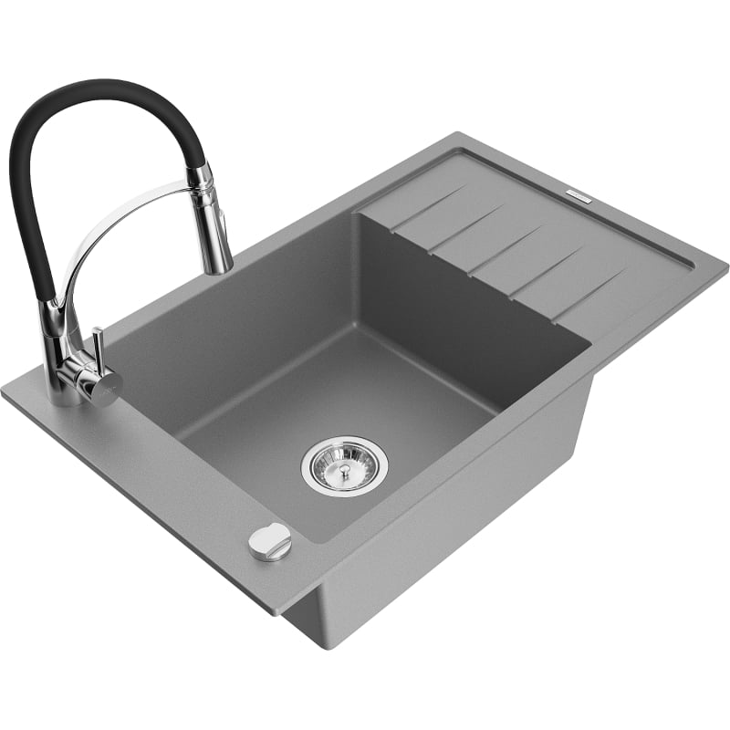 Mexen Elias granite kitchen sink 1-bowl with drainer and Aster kitchen faucet, gray - 6511-71-73450-07