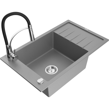 Mexen Elias granite kitchen sink 1-bowl with drainer and Aster kitchen faucet, gray - 6511-71-73450-07