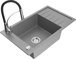 Mexen Elias 1-bowl granite sink with drainer and Aster kitchen faucet, gray - 6511-71-73450-07