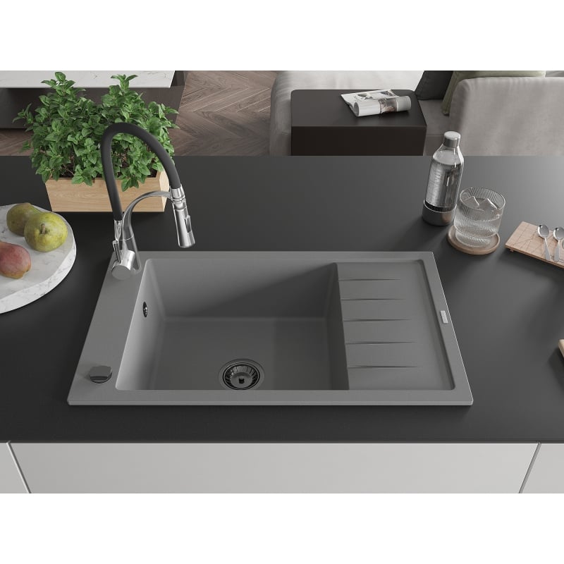 Mexen Elias granite kitchen sink 1-bowl with drainer and Aster kitchen faucet, gray - 6511-71-73450-07-B