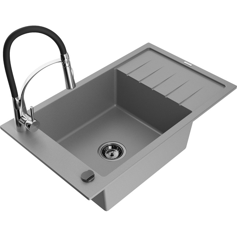 Mexen Elias 1-bowl granite kitchen sink with drainer and Aster kitchen faucet, gray - 6511-71-73450-07-B