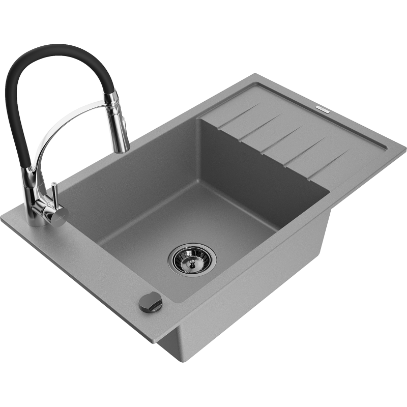 Mexen Elias 1-compartment granite sink with a drip tray and kitchen mixer tap Aster, Grey - 6511-71-73450-07-B